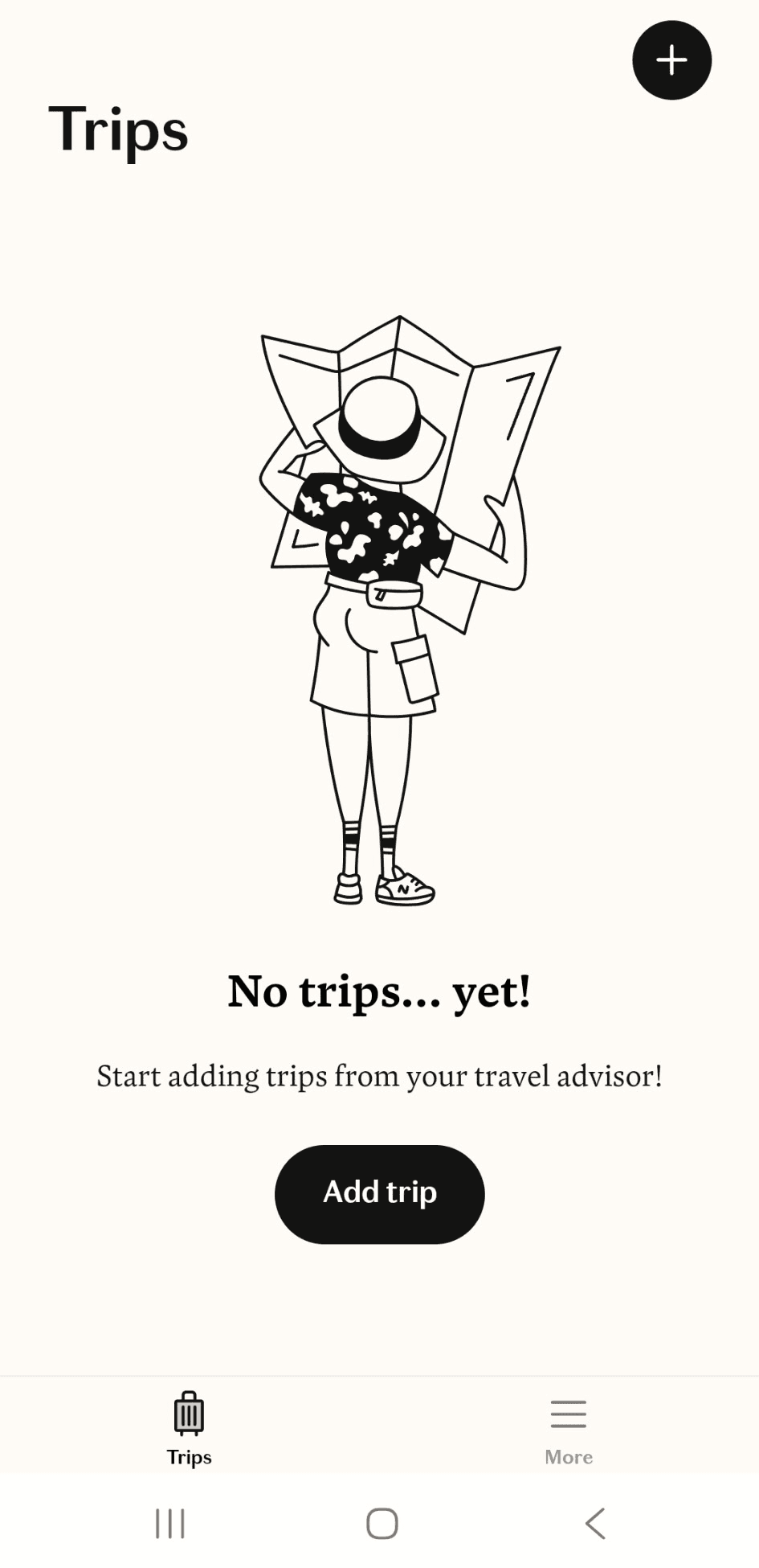 The Fora Traveler App home screen with an Add Trip button.