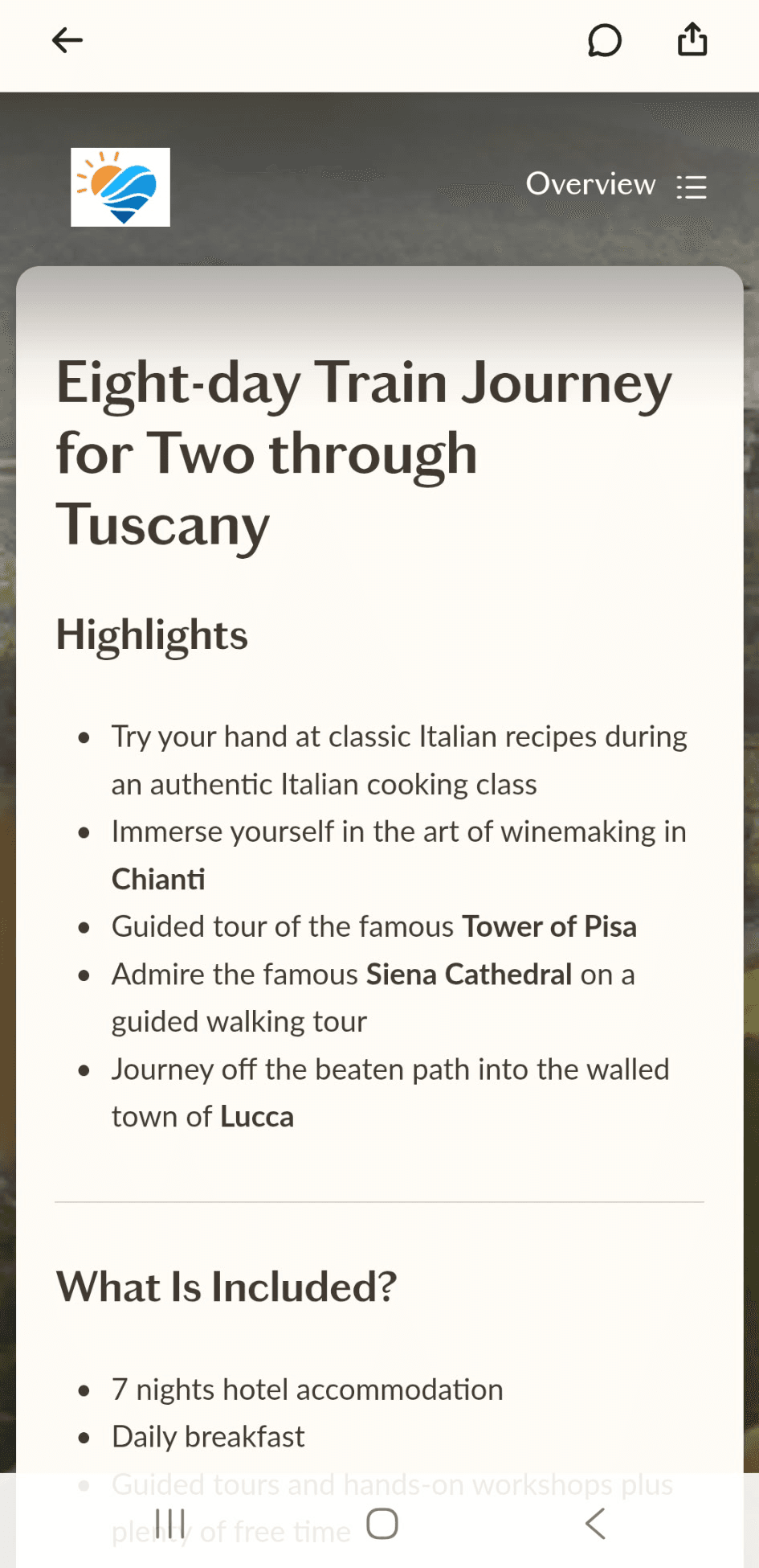 The Fora Traveler App showing a scrollable itinerary overview with a share icon visible in the top right corner.